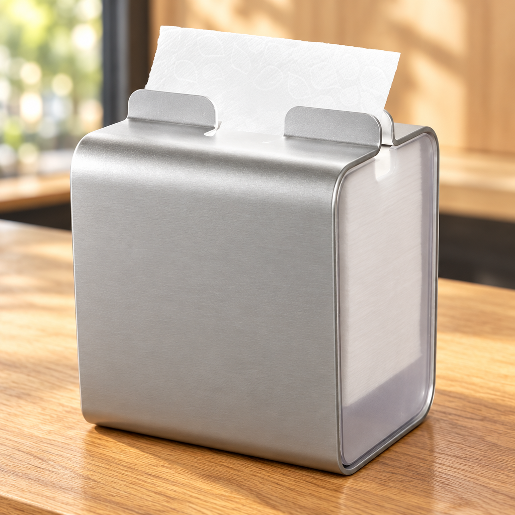 Tork Xpressnap N4 servietdispenser i aluminium på caféens servicebord