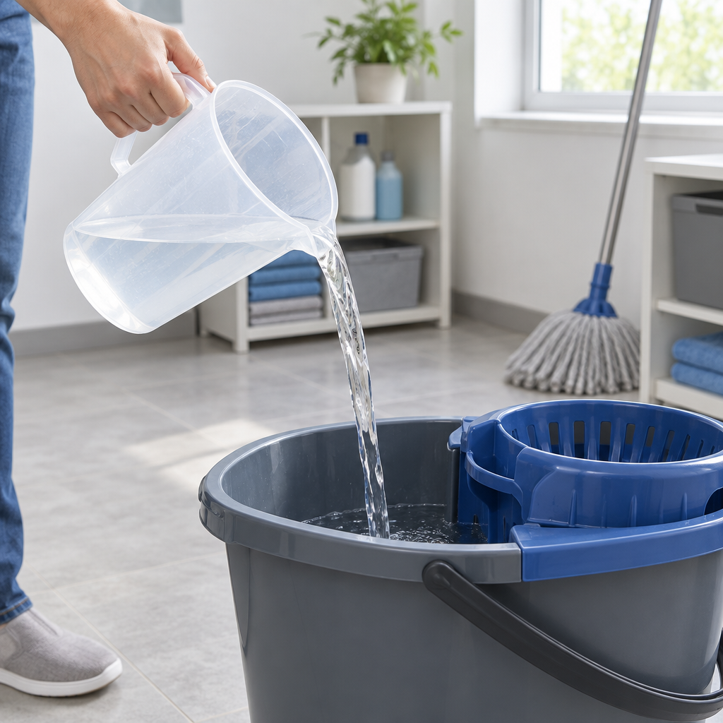Stemningsbillede af vand hældt i moppespand, ikke foto af den konkrete doseringsmåler