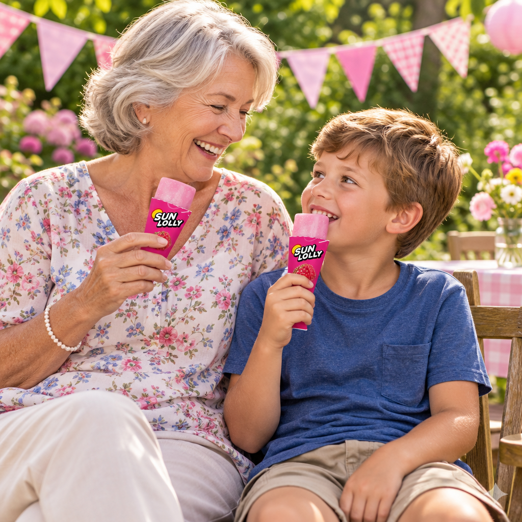 Barn og bedstemor nyder Sun Lolly Hindbær ved havefødselsdag