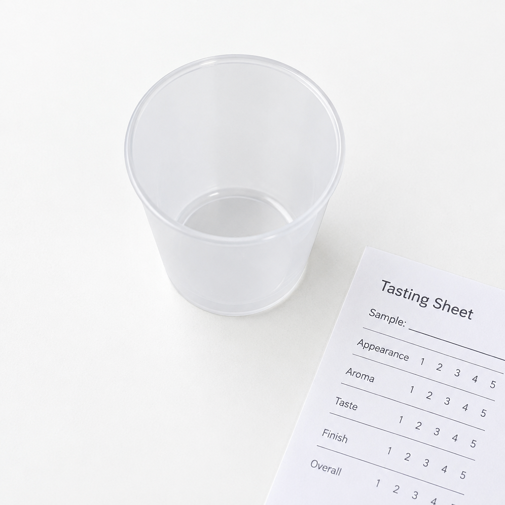 Translucent PP-shotglas set ovenfra ved smageskema, stemningsbillede