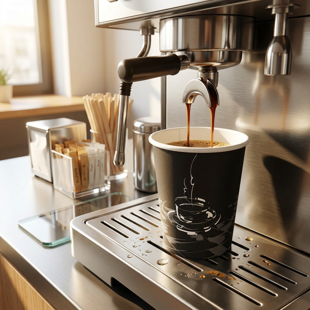 Kaffe fyldes i sort kaffebæger med kaffekopmotiv ved solbelyst kaffestation