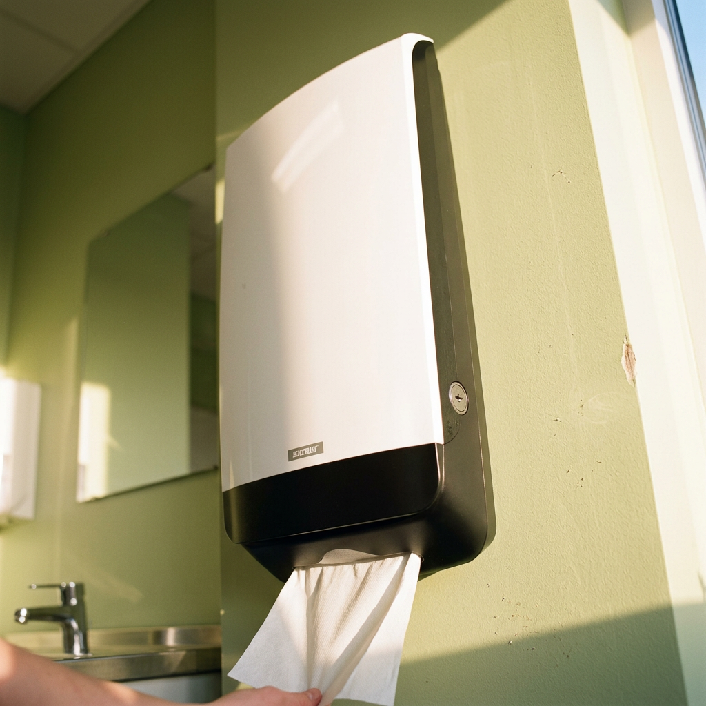 Hvid Katrin XL-dispenser på grøn væg ved håndvask