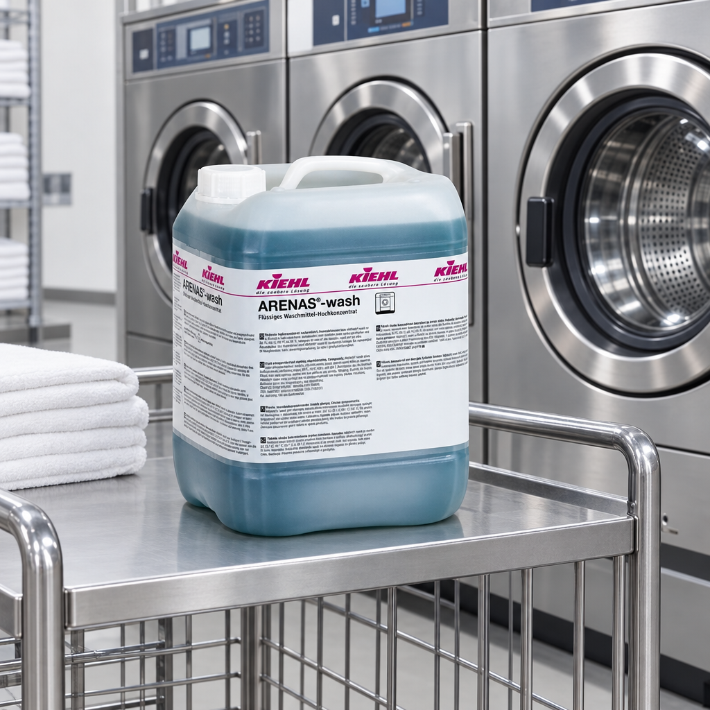 Kiehl Arenas Wash 10 L på vogn foran vaskerimaskiner