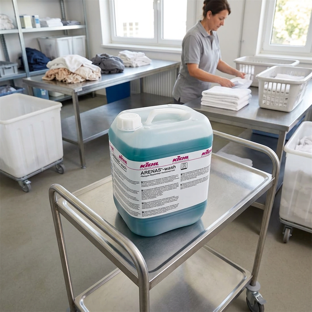 Kiehl Arenas Wash på servicevogn i lyst vaskeri med medarbejder, der folder håndklæder