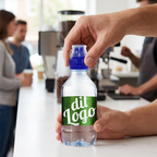 Blå sportscap drejes på 0,30-liters logovand ved serveringsbordet