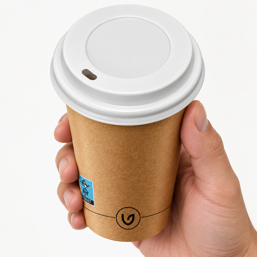 Hvidt CPLA-låg 14442 på Verive-kaffebæger 14102 holdt oprejst i hånden