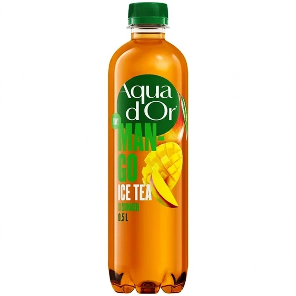 Aqua d’Or Mango iste 0,50 liter med grønt låg på hvid baggrund