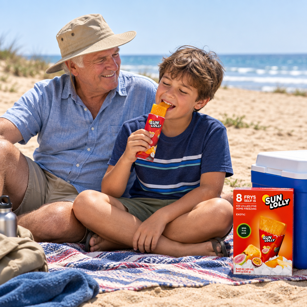 Barn og bedstefar med Sun Lolly Exotic ved strandpause på picnictæppe