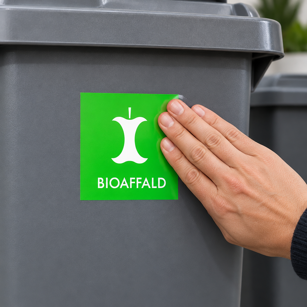 Brugssituation: grønt BIOAFFALD-mærke glattes på grå beholder