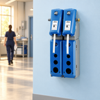 Multidoseringsstation med to enheder på lyseblå væg med medarbejder i baggrunden