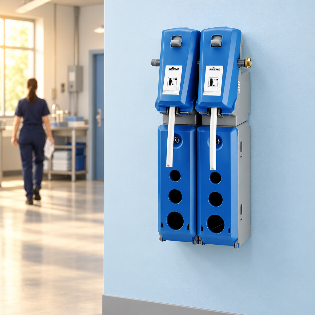 Multidoseringsstation med to enheder på lyseblå væg med medarbejder i baggrunden