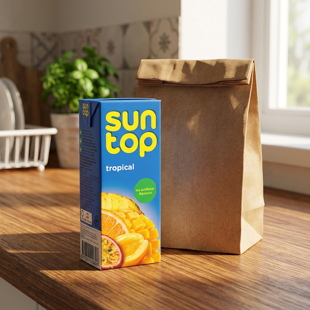 Suntop Tropical ved madpakkepose på køkkenbord