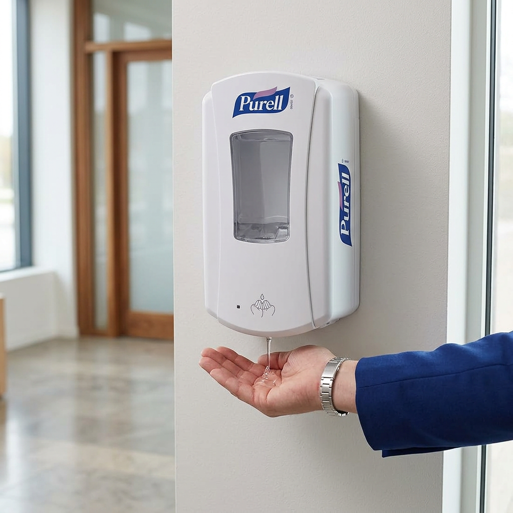 Hånd modtager hånddesinfektion berøringsfrit fra hvid Purell LTX-12