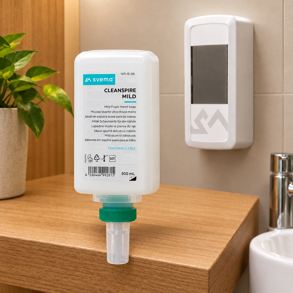 Billedforslag med lodret Cleanspire Mild-refill ved træhylde