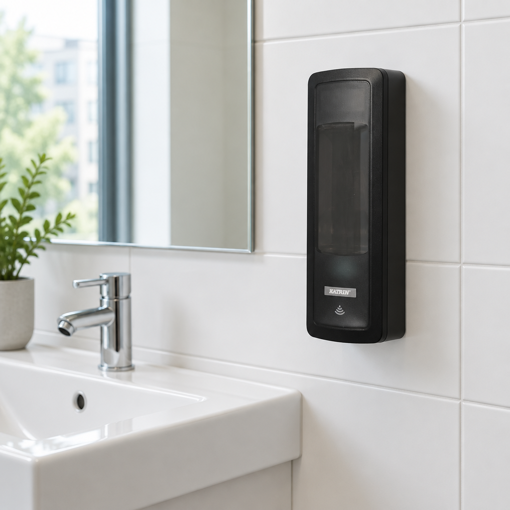 Stemningsillustration af sort Katrin Touchfree-dispenser ved en lys håndvask
