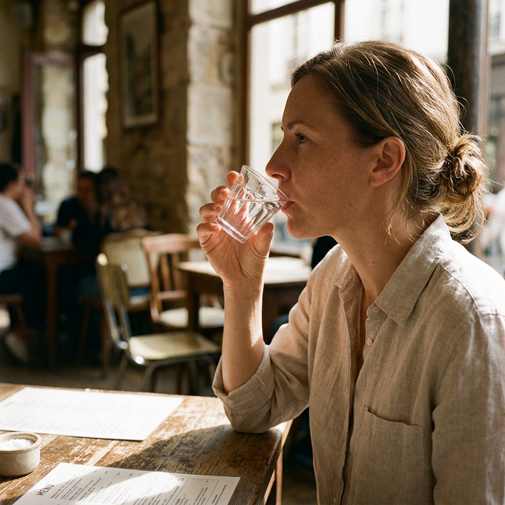 Duralex Picardie caféglas 13 cl med vand i solrigt miljø