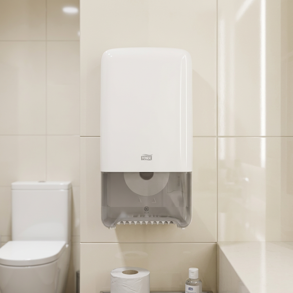 Hvid Tork T6 Twin-dispenser ved toilet på cremefarvede fliser