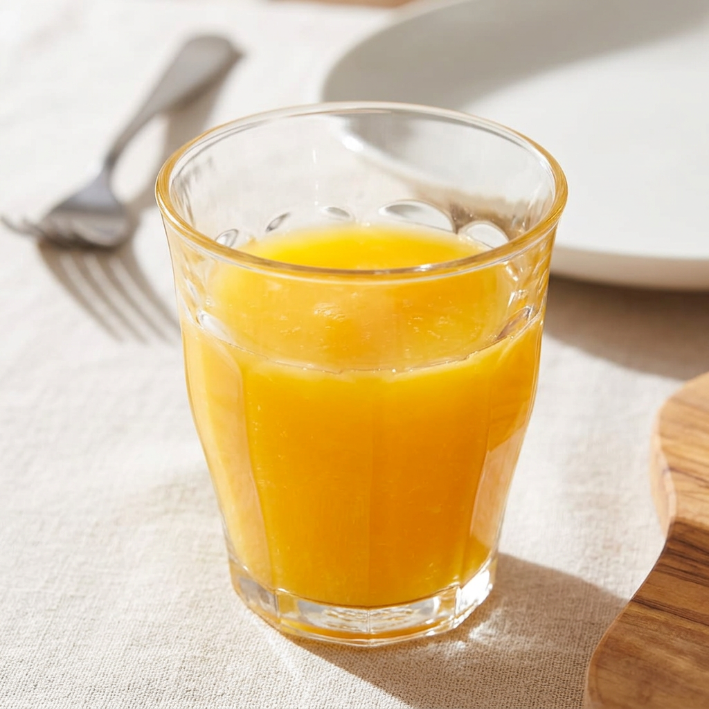 Appelsinjuice i facetteret caféglas på sollyst morgenbord