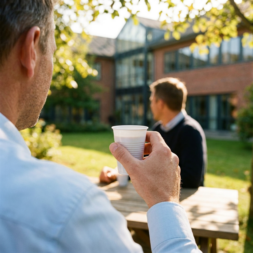 Voksen holder hvidt automatbæger ved kaffepause i solrig firmagård