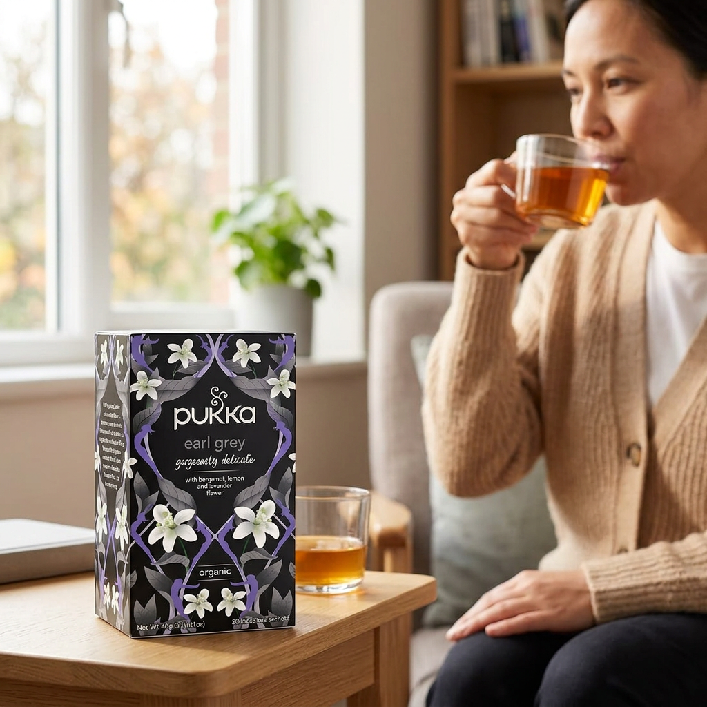 Pukka Earl Grey nydes i en glaskop i kontorets pauseområde