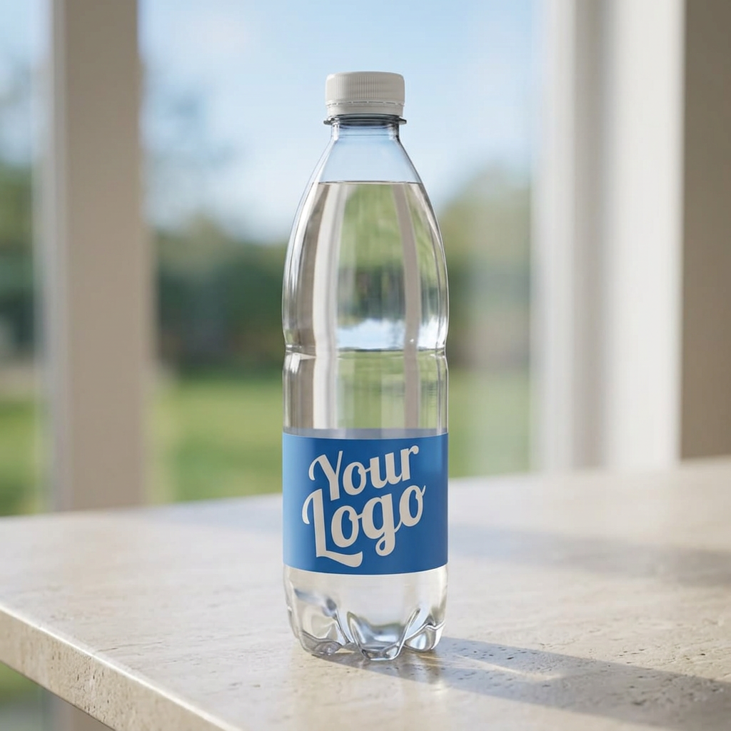 Logovand med blå Your Logo-eksempeletiket på lyst bord ved vindue
