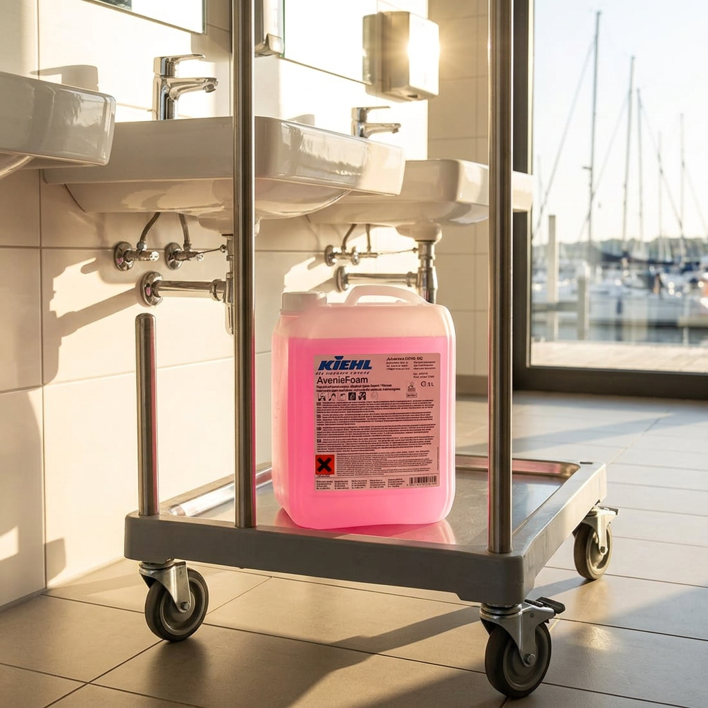 Kiehl AvenisFoam 5 L på vogn ved håndvaske og solrig lystbådehavn, stemningsbillede