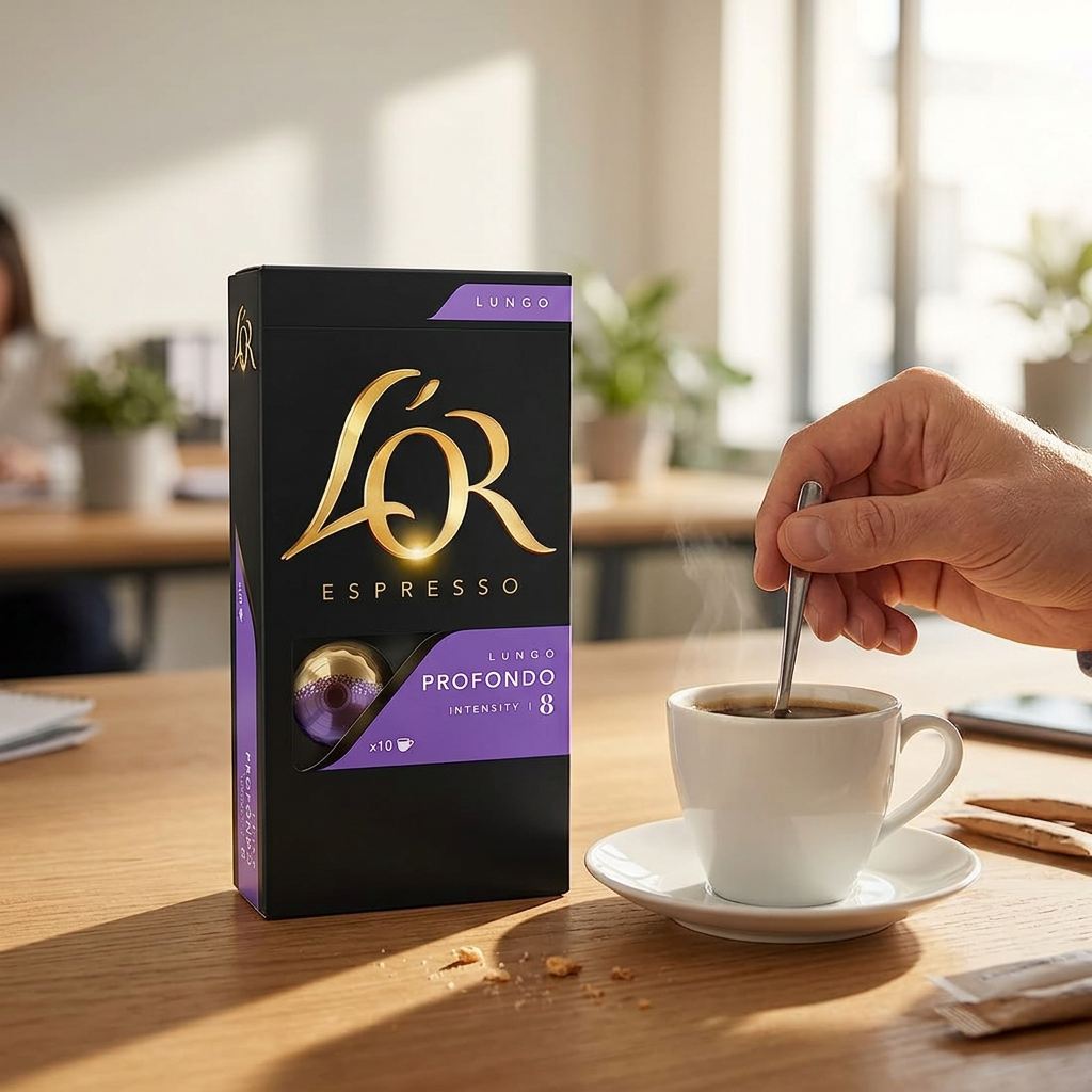 Lungo røres i koppen ved siden af L’OR Profondo 8 i naturligt sollys