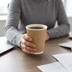 Voksen holder brunt Ripple-Wrap kaffebæger med kaffe ved skrivebord