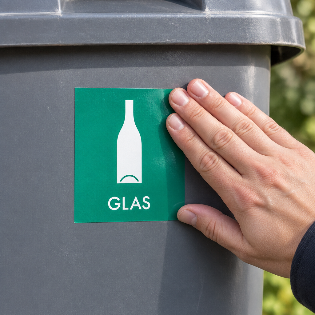 Brugssituation: grønt GLAS-klistermærke glattes på grå affaldsbeholder
