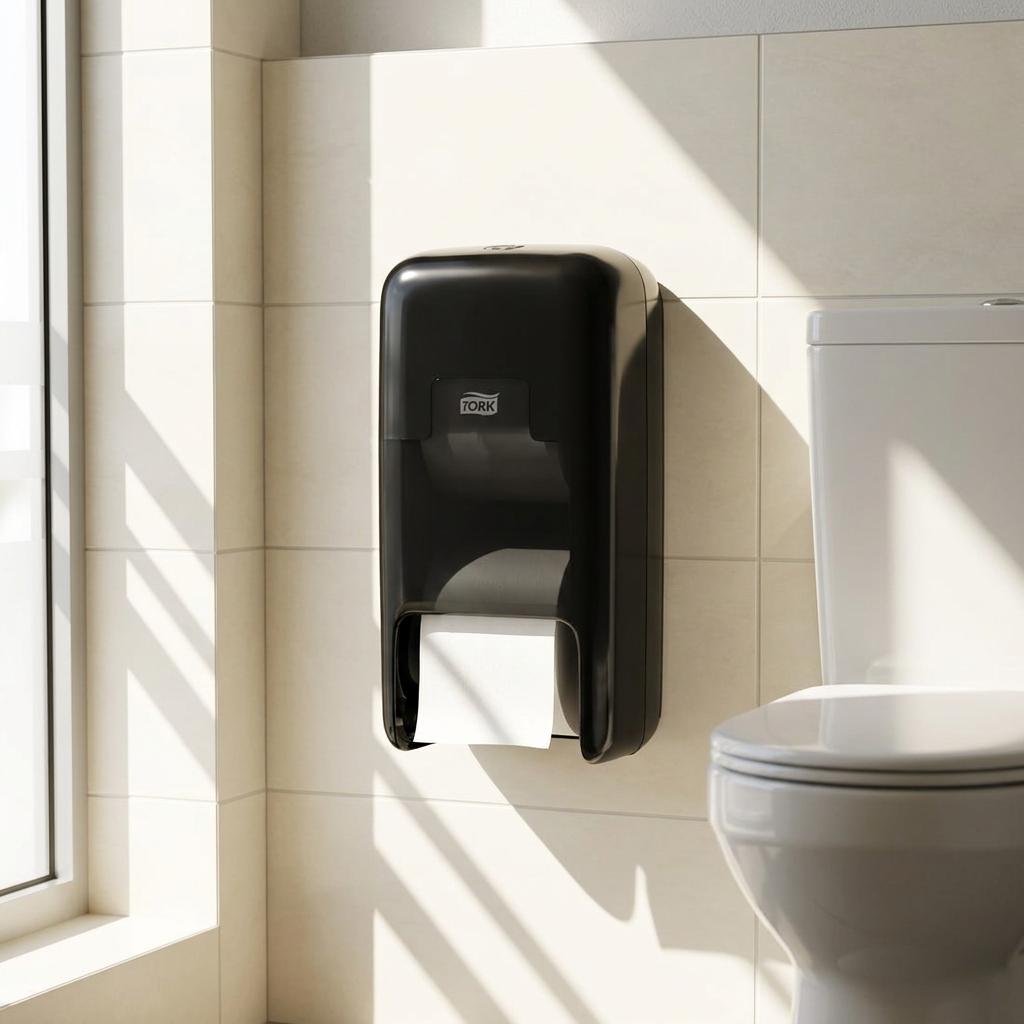 Sort Tork OptiServe 558042 toiletpapirdispenser ved toilet i sollyst kontormiljø