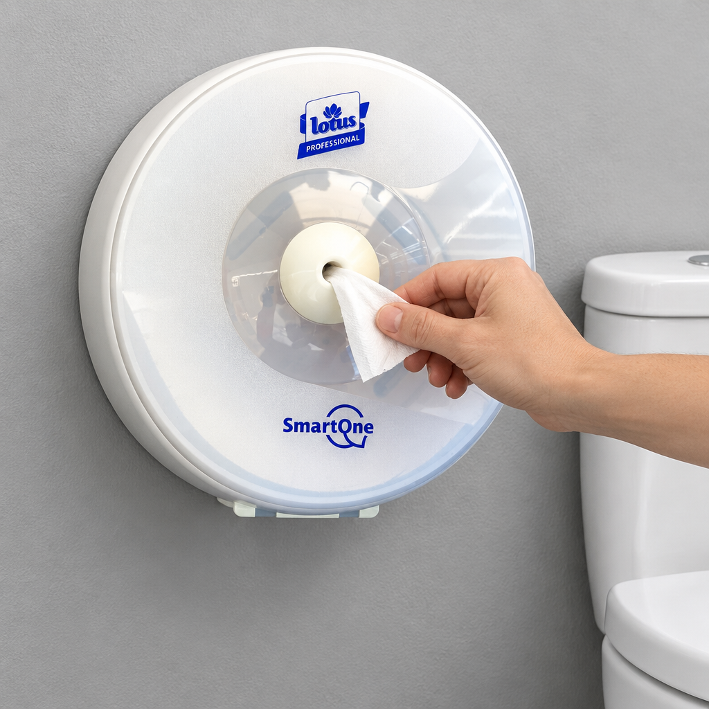 Hvid SmartOne Mini T9-dispenser i brug ved toilet i gråt rum