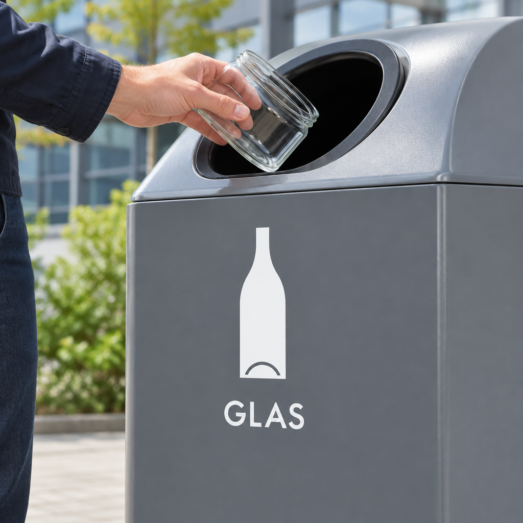 Glaskrukke afleveres i grå glasbeholder med hvidt glaspiktogram