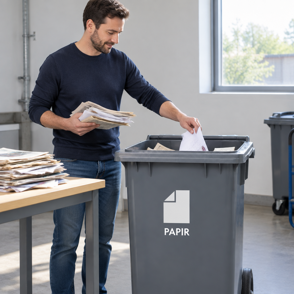 Person sorterer gamle papirark i affaldsbeholder mærket PAPIR