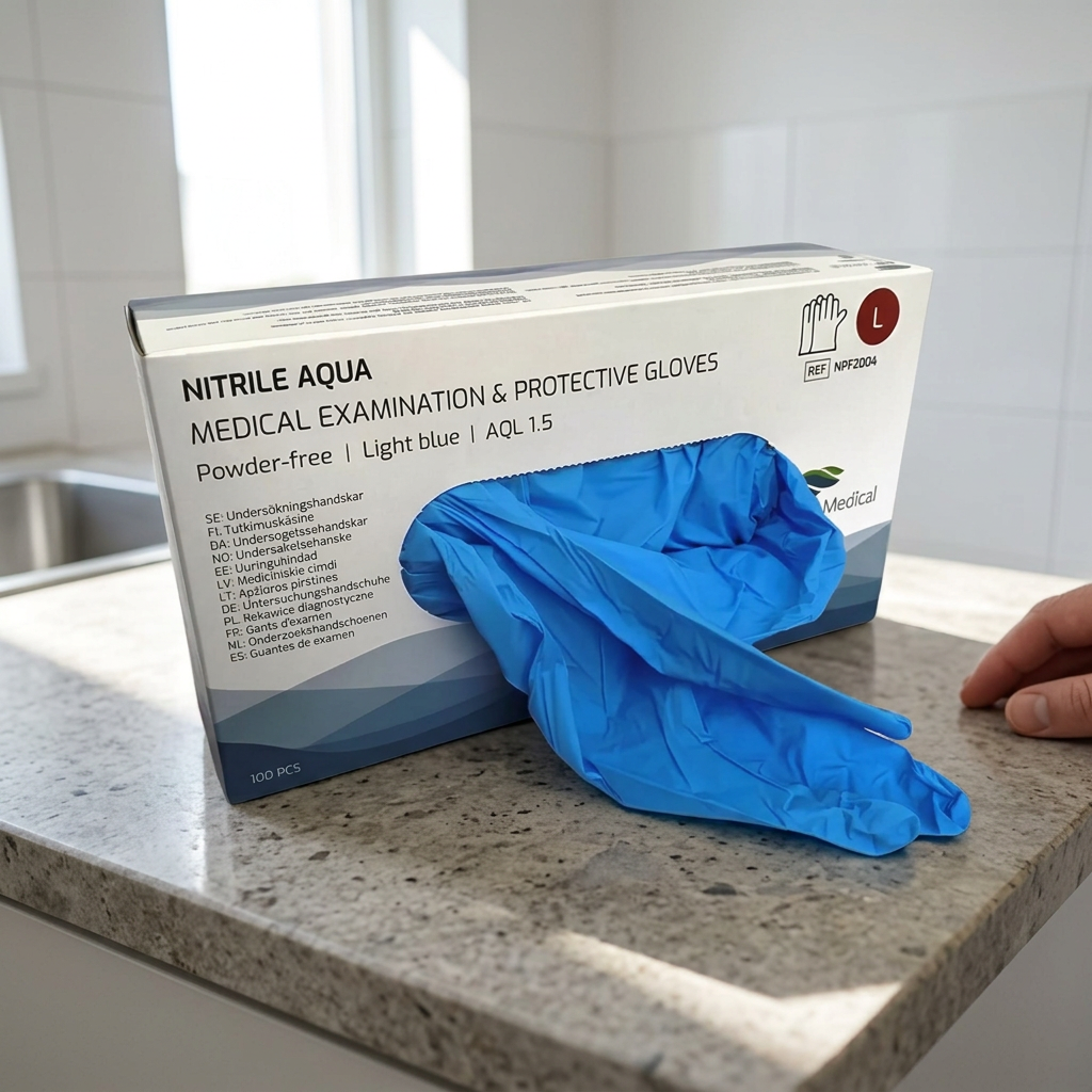 Nitrile Aqua L på lyst bord i personalefaciliteter