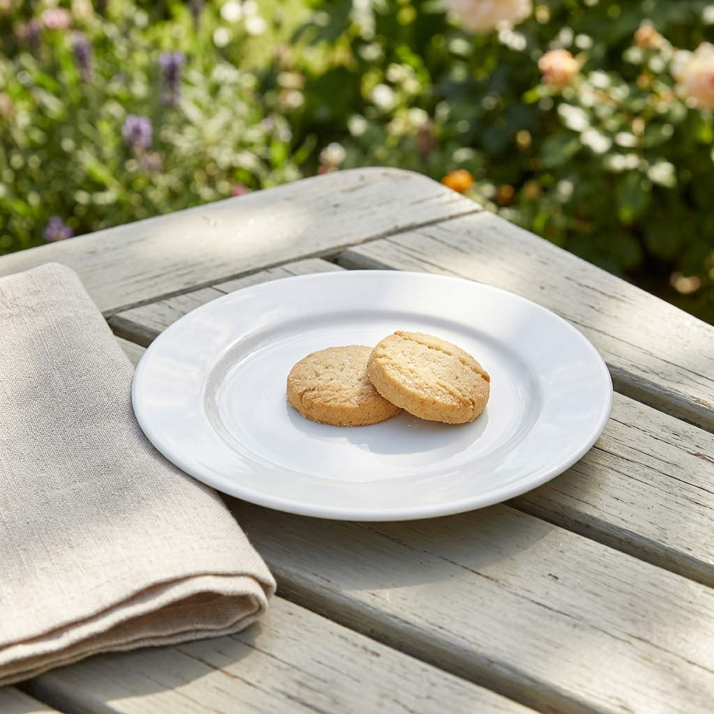 Hvid tallerken med småkager på solbeskinnet havebord