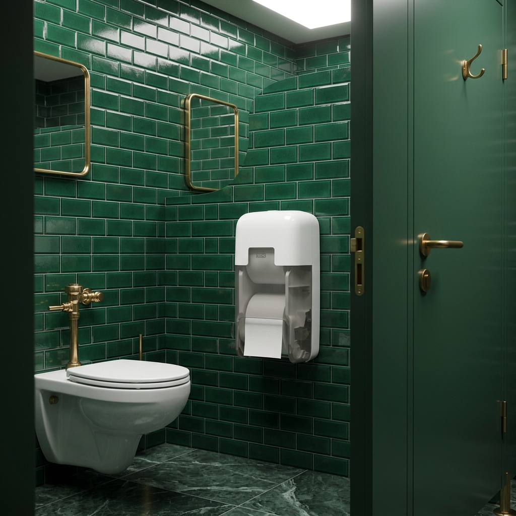Hvid Tork OptiServe T7-dispenser til to ruller ved toilet på grønne fliser