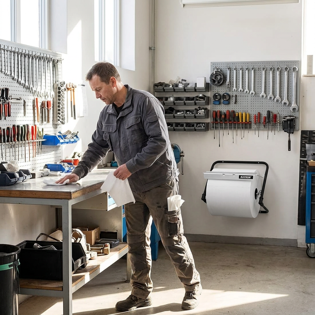 Aftørring af arbejdsbord med Katrin 54930 og separat papirrulle i baggrunden, stemningsbillede