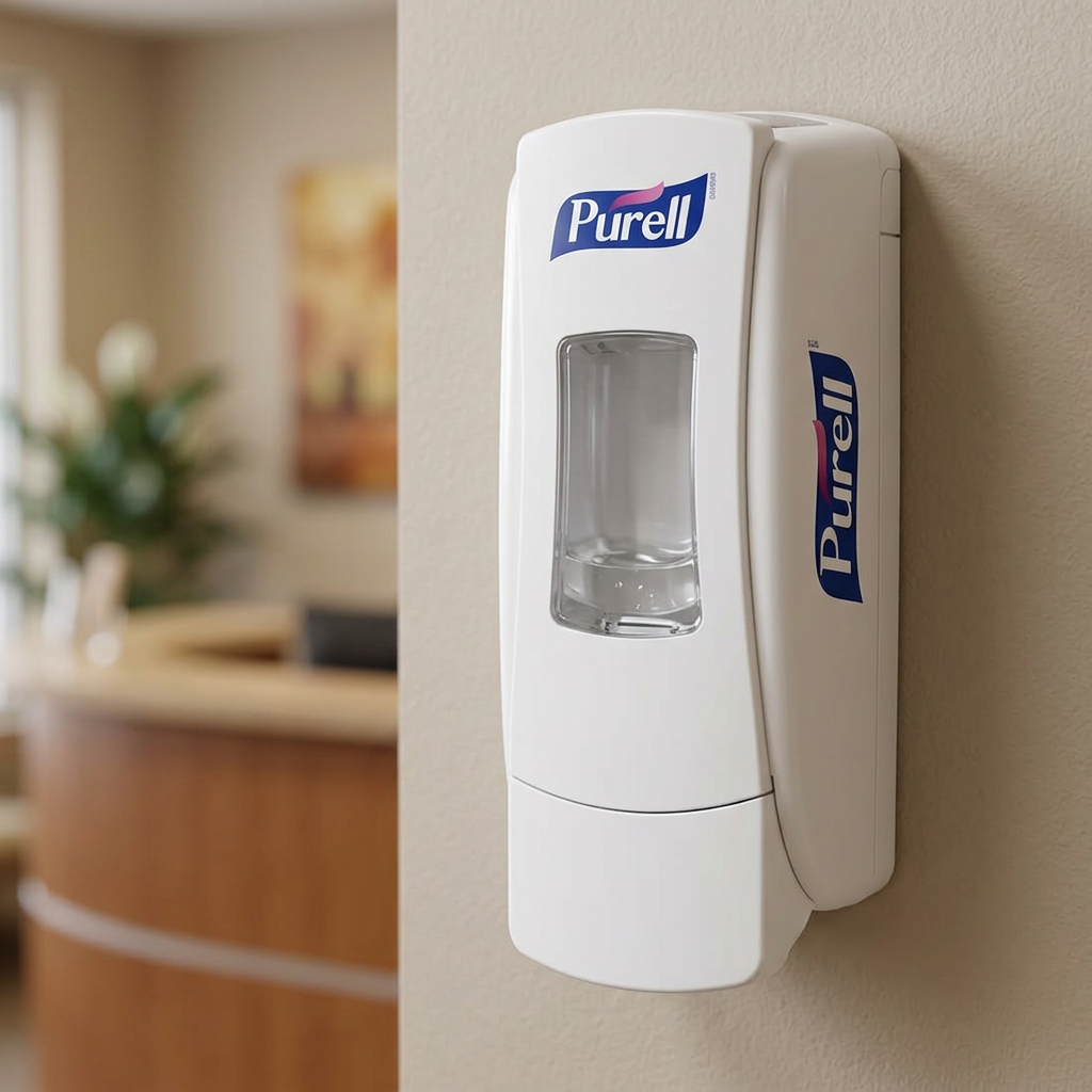 Hvid Purell ADX-7-dispenser monteret på væg ved reception