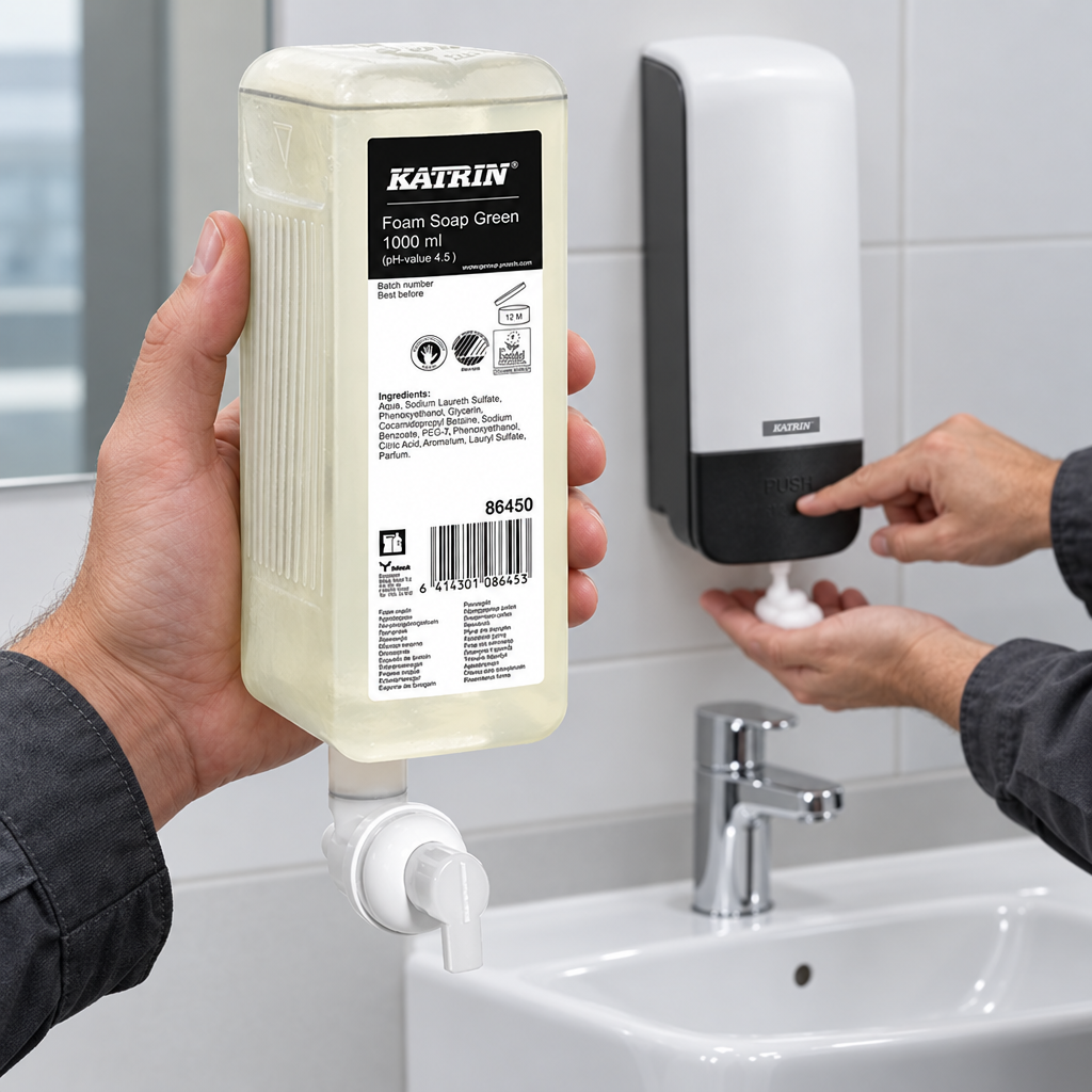 Katrin Green 86450 skumsæberefill i forgrunden med hvid Katrin 77373-dispenser i brug ved håndvask