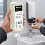 Katrin Green 86450 skumsæberefill i forgrunden med hvid Katrin 77373-dispenser i brug ved håndvask