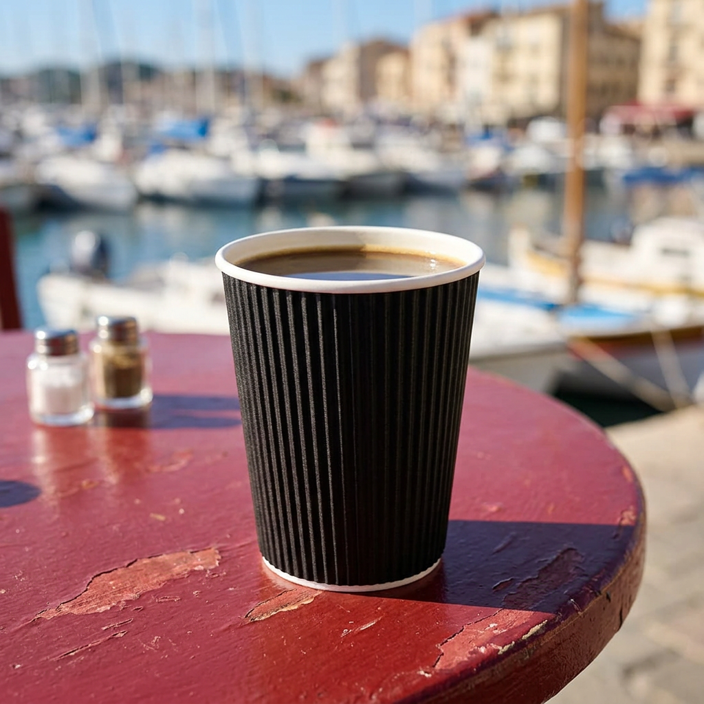 Sort Ripple Wall kaffebæger med kaffe på rødt cafébord ved solrig havn