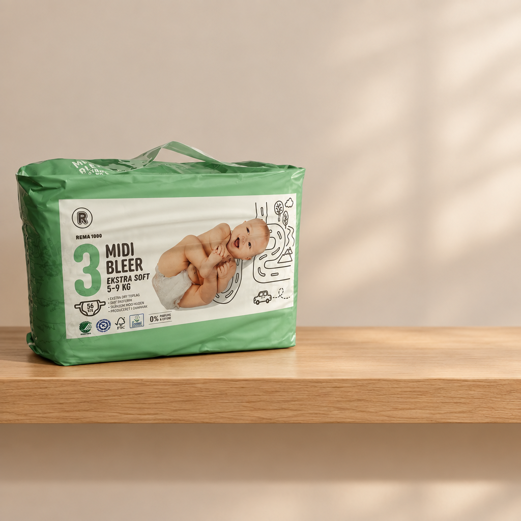 Miljøbillede af Rema 1000 Midi 3 blepakke på træhylde med neutral baggrund