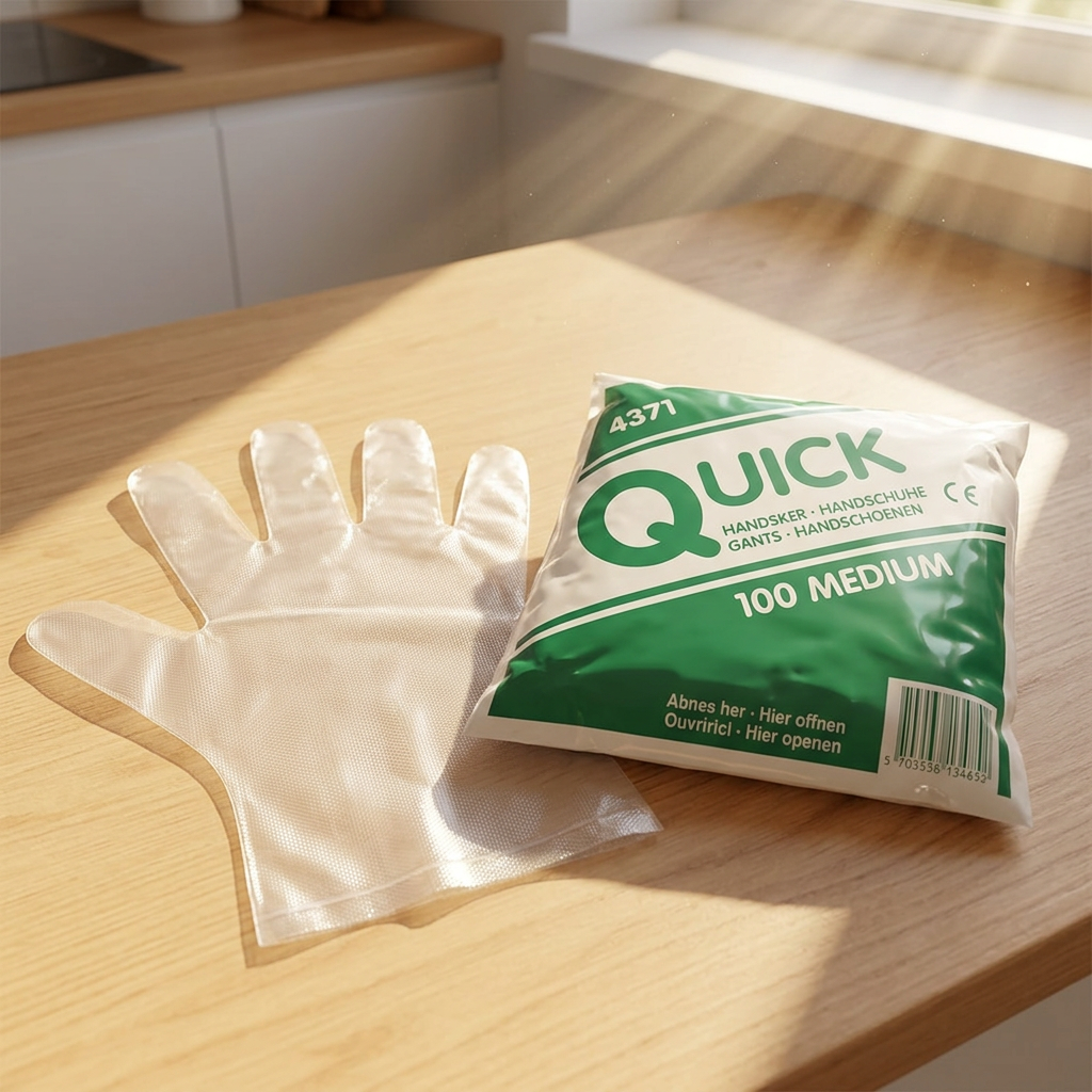 Gennemsigtig tekstureret LDPE-handske ved Quick M-pakken i sollys – stemningsbillede