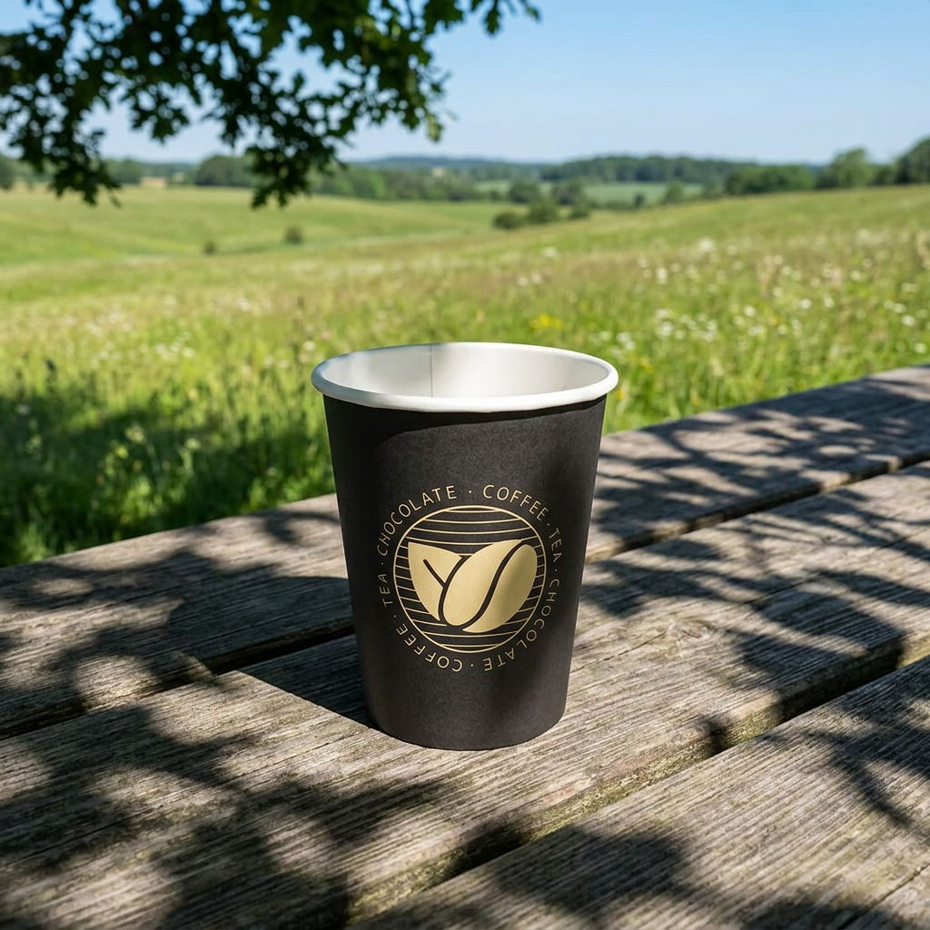 Sort Beans kaffebæger på solrigt træbord ved grøn eng