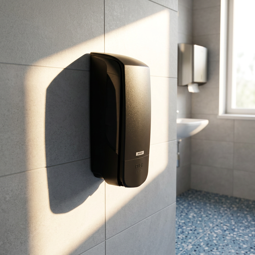 Sort Katrin 77397 vægdispenser set fra siden i lyst toiletrum
