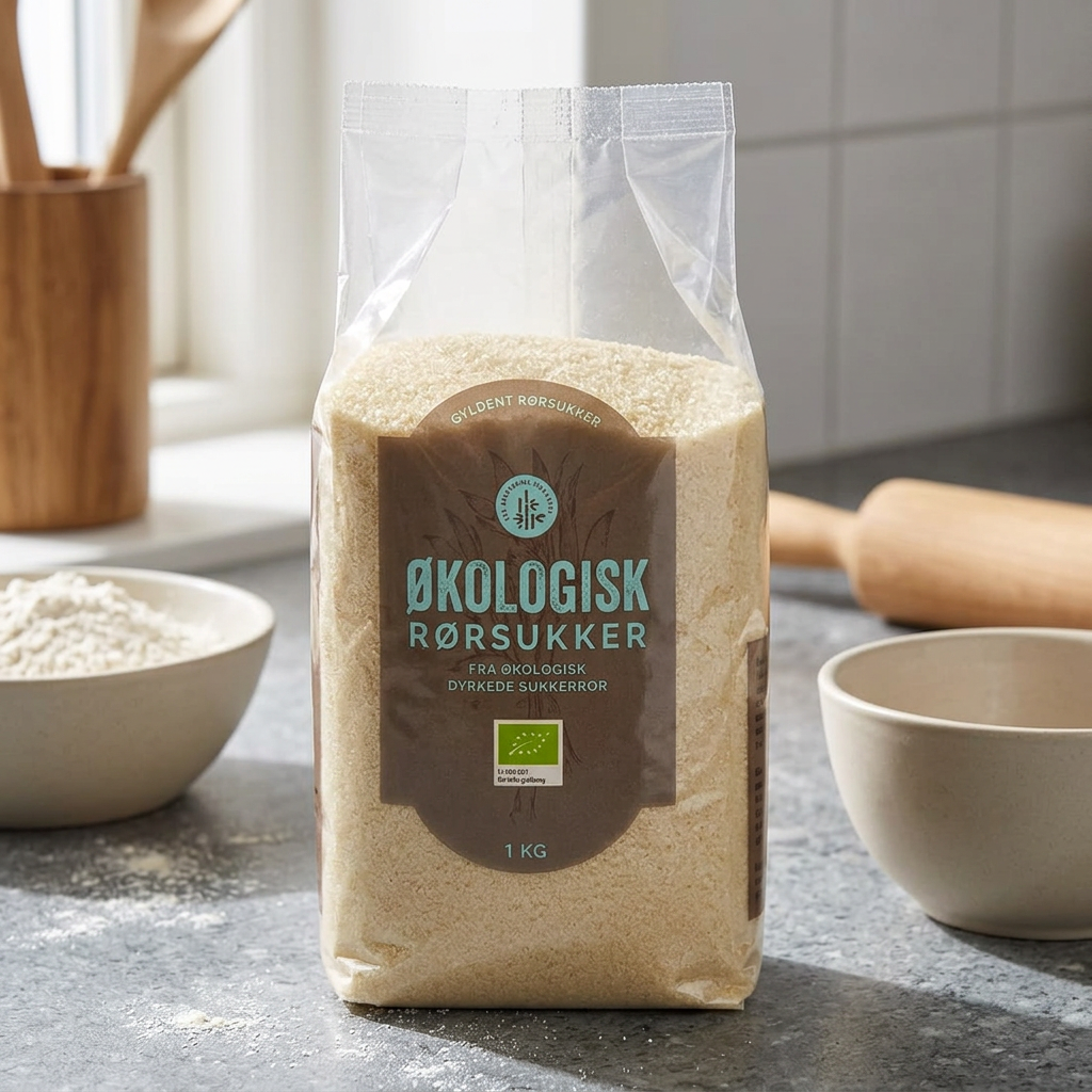 Lyst gyldent økologisk rørsukker ved mel, røreskål og kagerulle i køkkenet