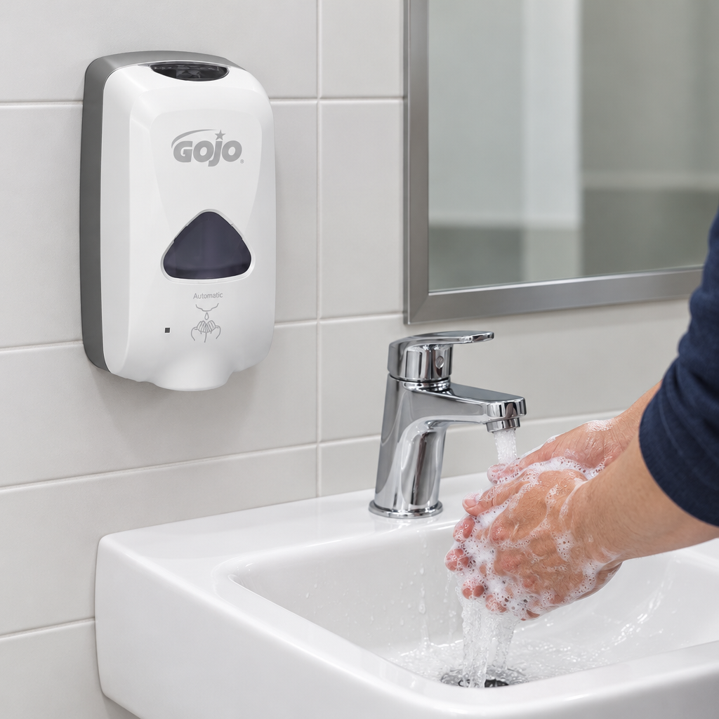Illustration af håndvask med skumsæbe ved hvid GOJO TFX-12 dispenser