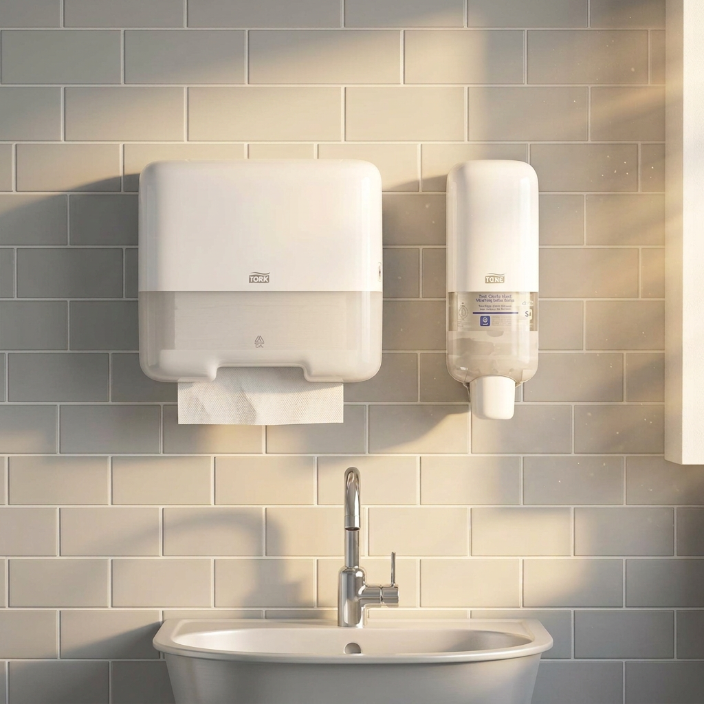 Tork H3 Mini håndklædearkdispenser sammen med separat Tork S4-sæbedispenser ved sollyst håndvask. Sæbedispenser medfølger ikke.