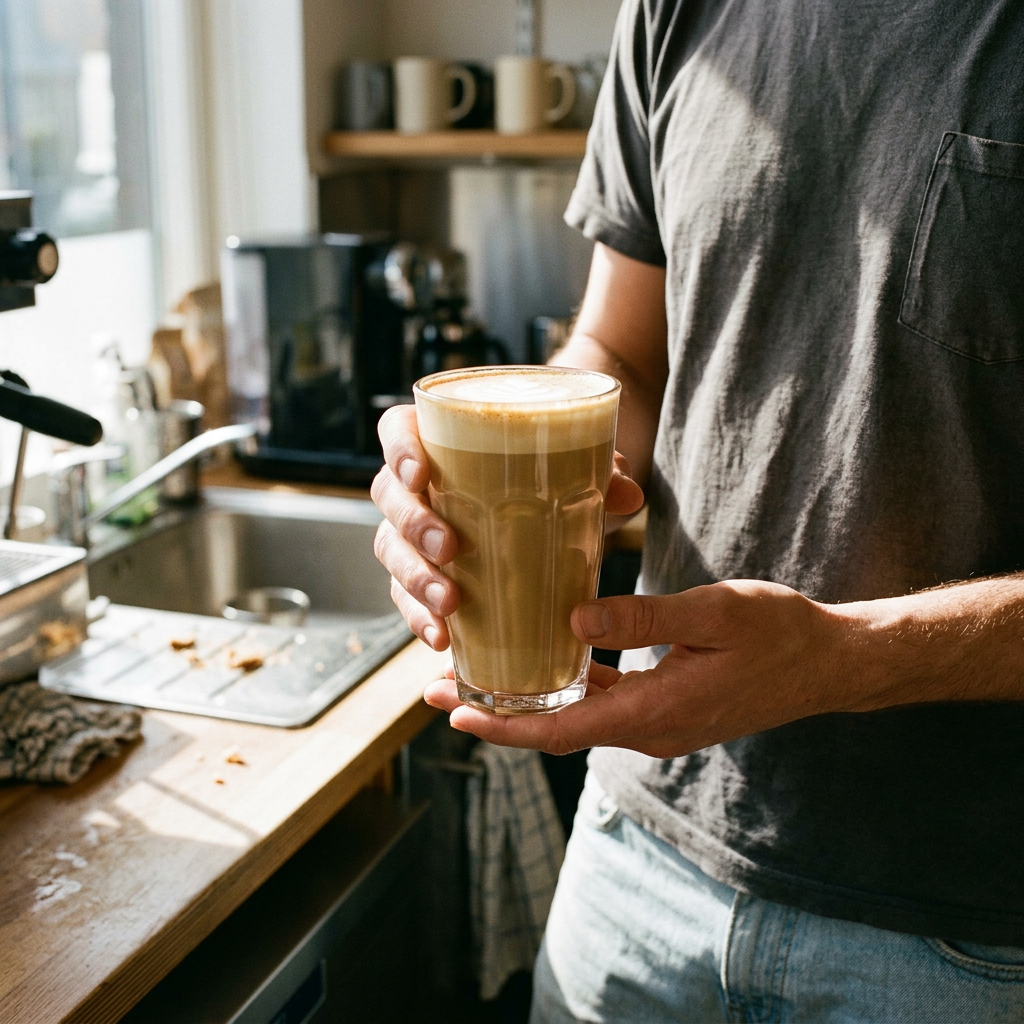 Voksen holder et caféglas med latte i et sollyst personalekøkken