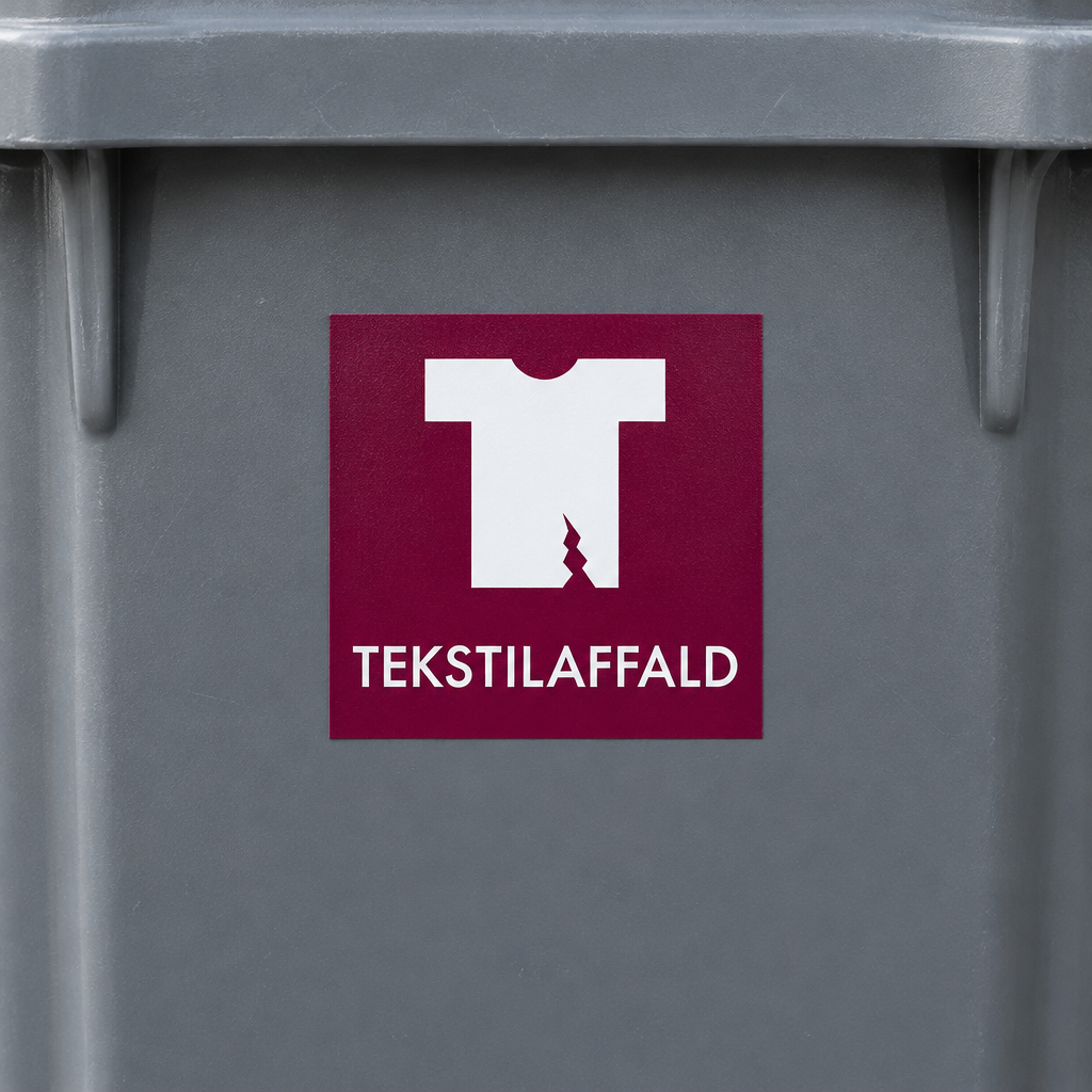 Detalje af TEKSTILAFFALD-klistermærke med hvid T-shirt og flænge